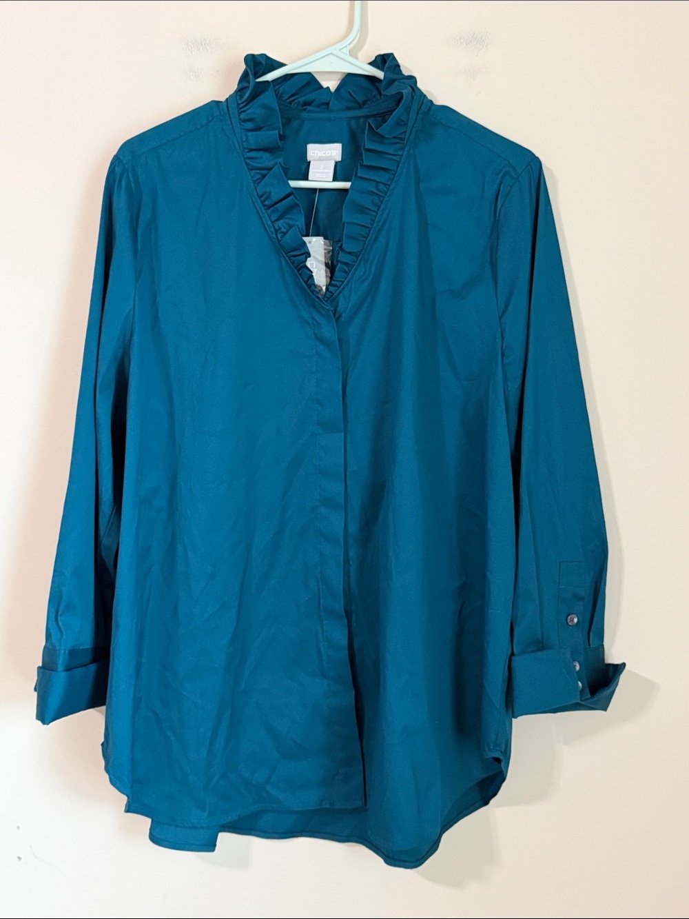 Chicos Ruffle Neck Blouse Button Down NWT Poplin Cotton Teal Size 2 Large